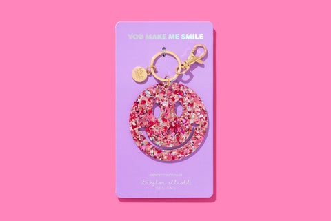 Keychain - Happy Face - Pink + Silver Confetti