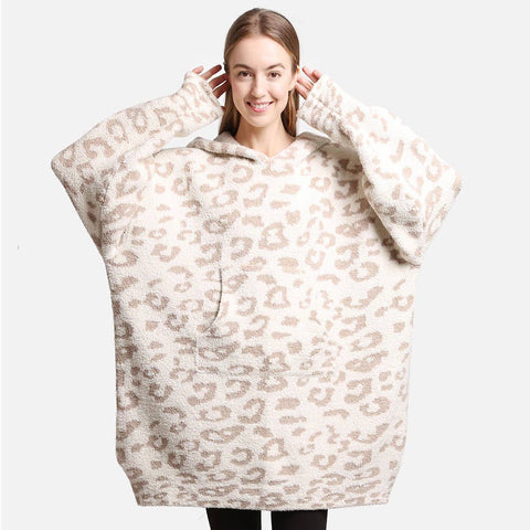 Leopard Print Soft Hooded Snuggie w Pocket