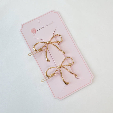 Wobbly Gold Metal Bow Hair Clip Set Of 2