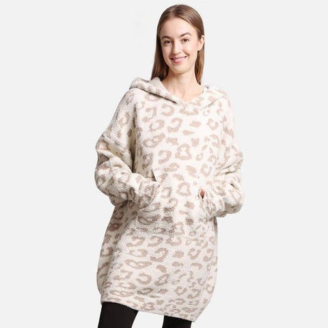 Leopard Print Soft Hooded Snuggie w Pocket